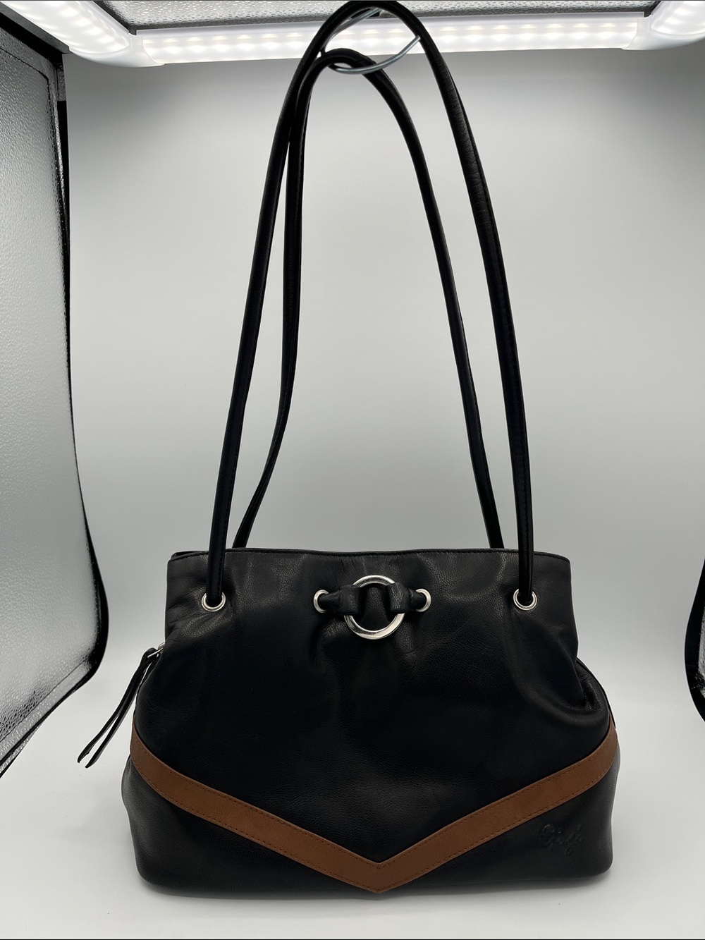 Gigi Black Leather Shoulder Bag with Brown Accent